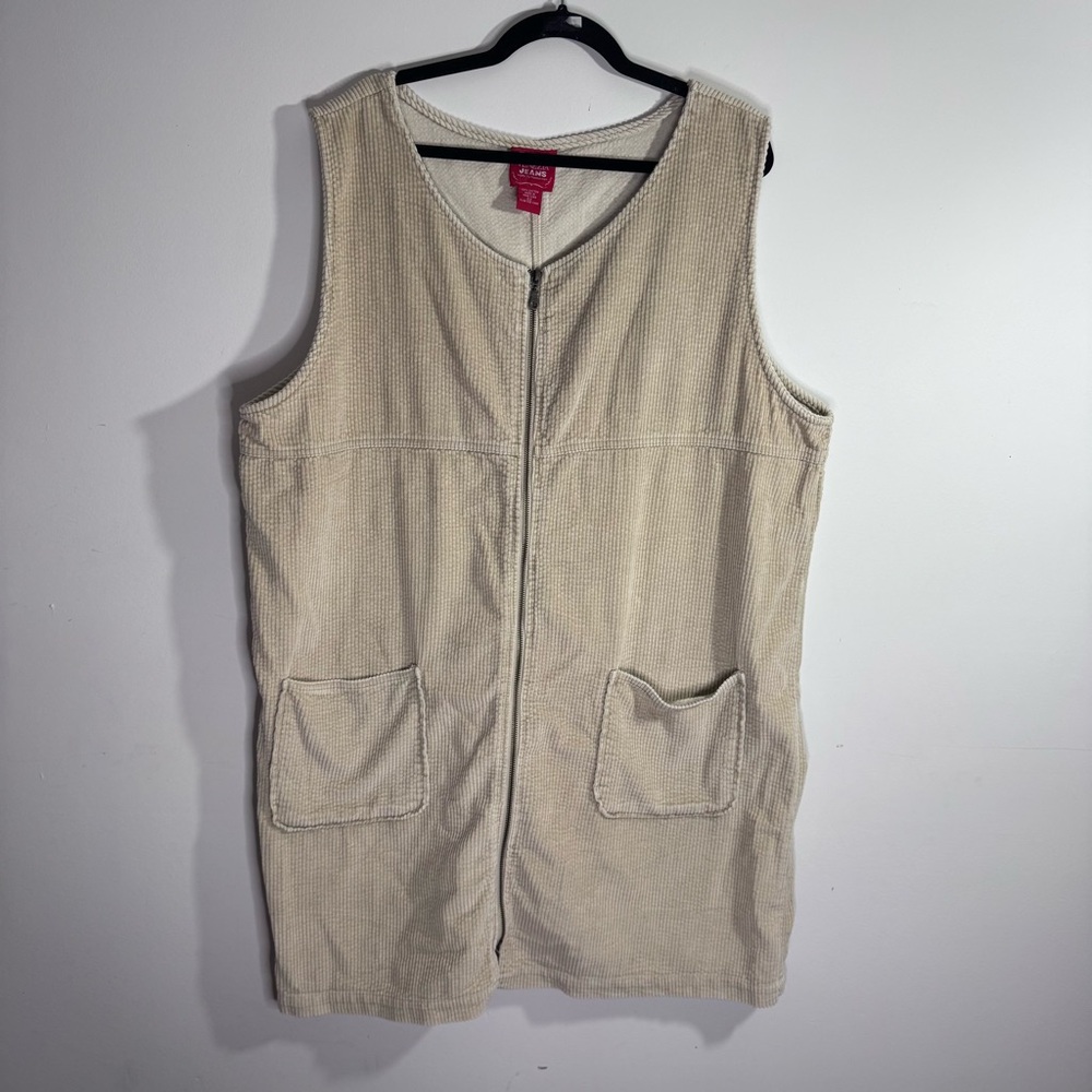 Venezia Jeans Beige Cotton Corduroy Zip Front Sleeveless Dress 22 Pockets Midi